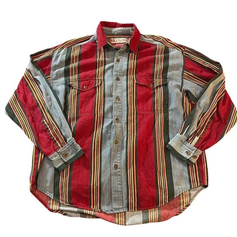 Silenzio 100% Cotton Striped Button Down Size Large‎